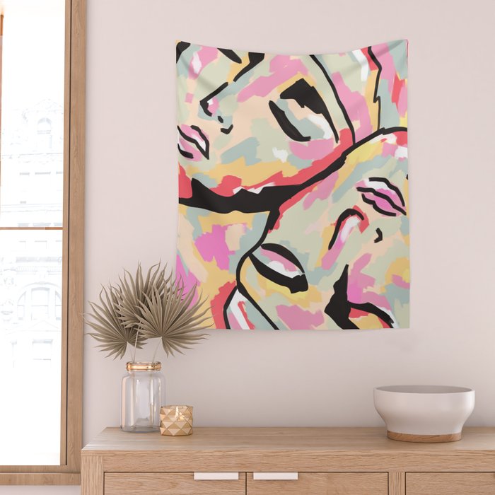 Emotional Orientation, Abstract Face Line Art Drawing Sketch, Mental Wellness Eclectic Painting, Bohemian Positivity Good Vibes Growth Peace Wall Tapestry Gallery Image 2