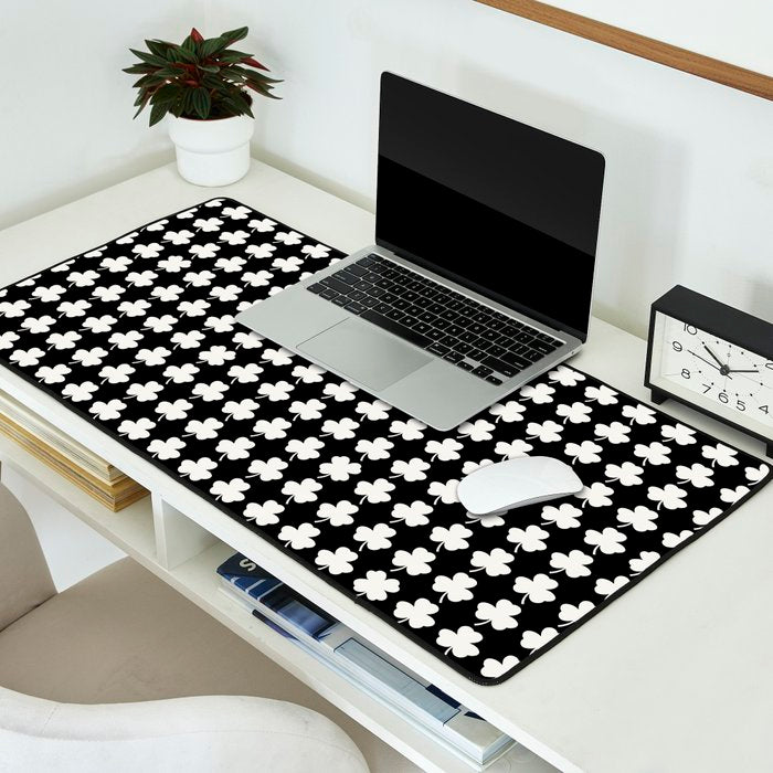 Clovers II Black and White Botanical Pattern Desk Mat Gallery Image 2