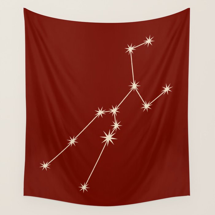 Taurus Zodiac Star Constellation Line Art Ruby Red Wall Tapestry Gallery Image 4