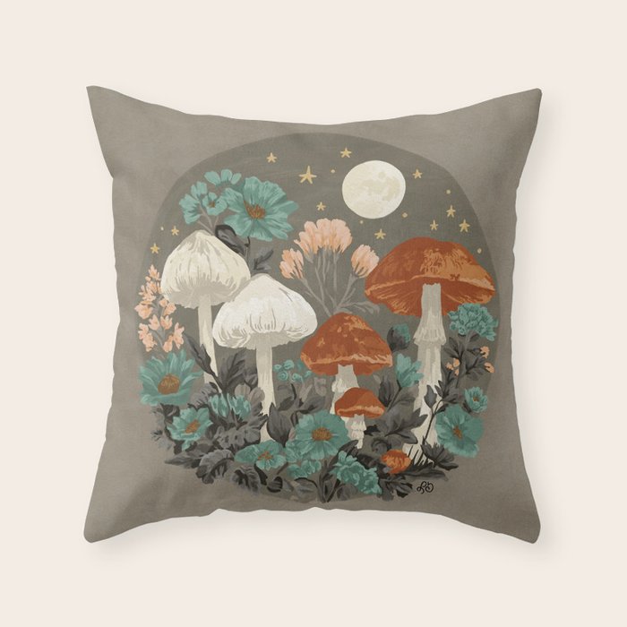 Vintage Moonlit Mushrooms Throw Pillow Gallery Image 6