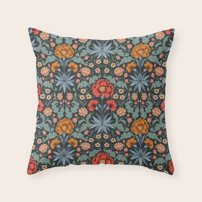 Victorian Carnation in Moody Red and Blue Throw Pillow Gallery Image 1