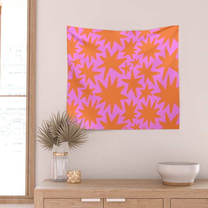 Retro pink star shape art pattern Wall Tapestry Gallery Image 2
