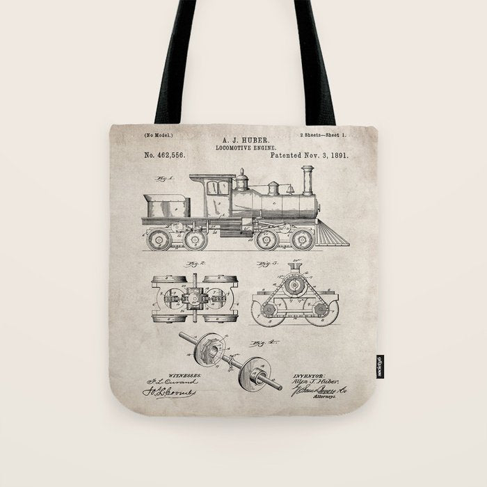 Train Locomotive Patent - Steam Train Art - Antique Tote Bag Gallery Image 1