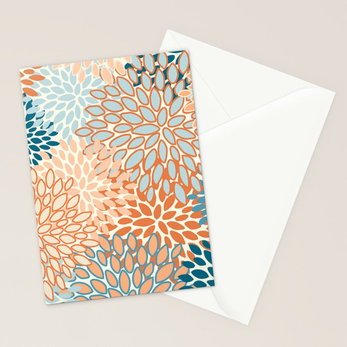 Festive, Floral Prints, Blooms, Orange, Teal Stationery Card Gallery Image 2