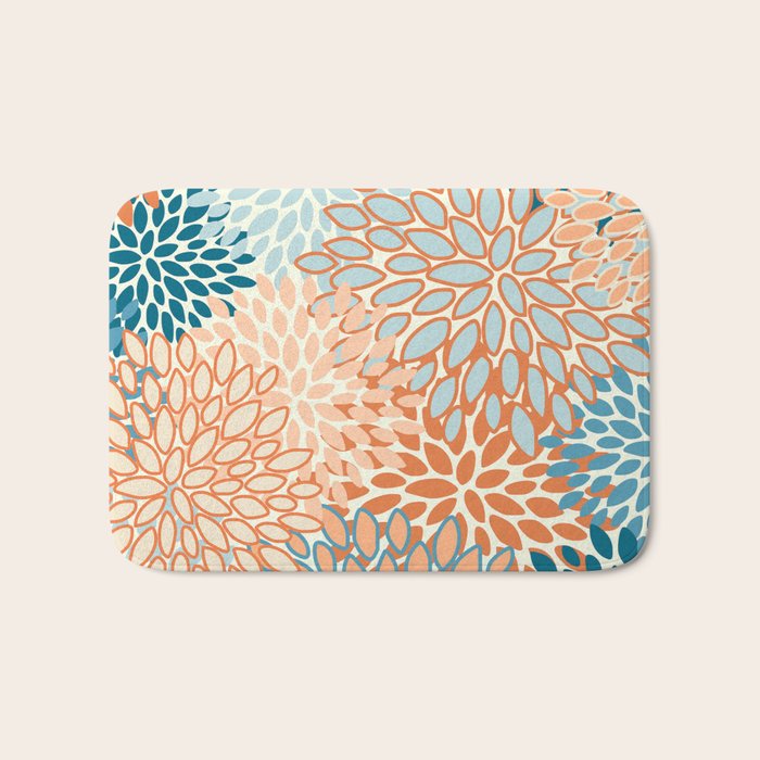 Festive, Floral Prints, Blooms, Orange, Teal Bath Mat Gallery Image 1