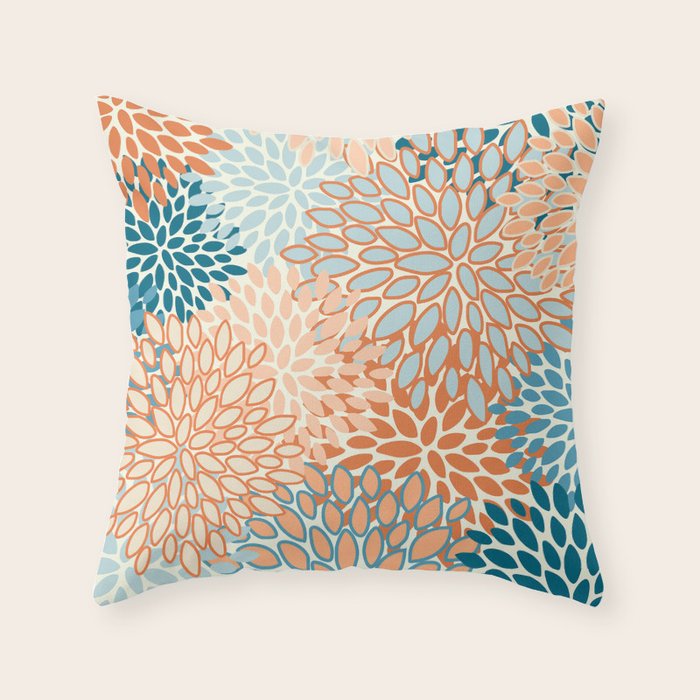 Festive, Floral Prints, Blooms, Orange, Teal Throw Pillow Gallery Image 1