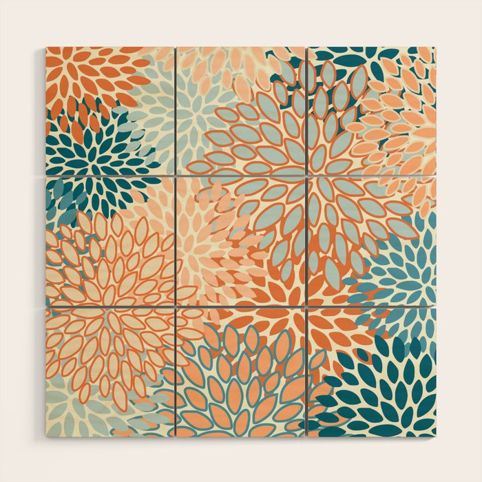 Festive, Floral Prints, Blooms, Orange, Teal Wood Wall Art Gallery Image 1