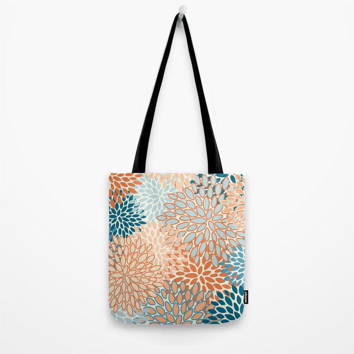 Festive, Floral Prints, Blooms, Orange, Teal Tote Bag Gallery Image 2