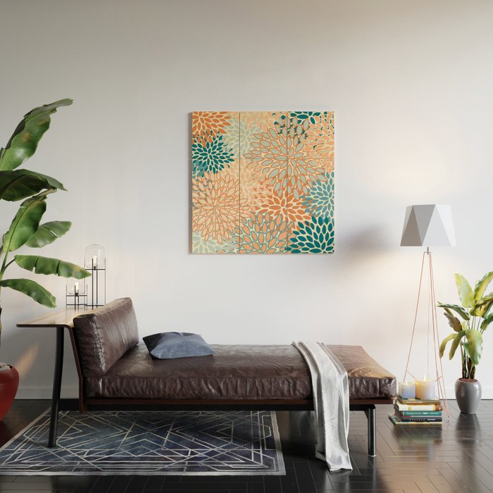 Festive, Floral Prints, Blooms, Orange, Teal Wood Wall Art Gallery Image 2