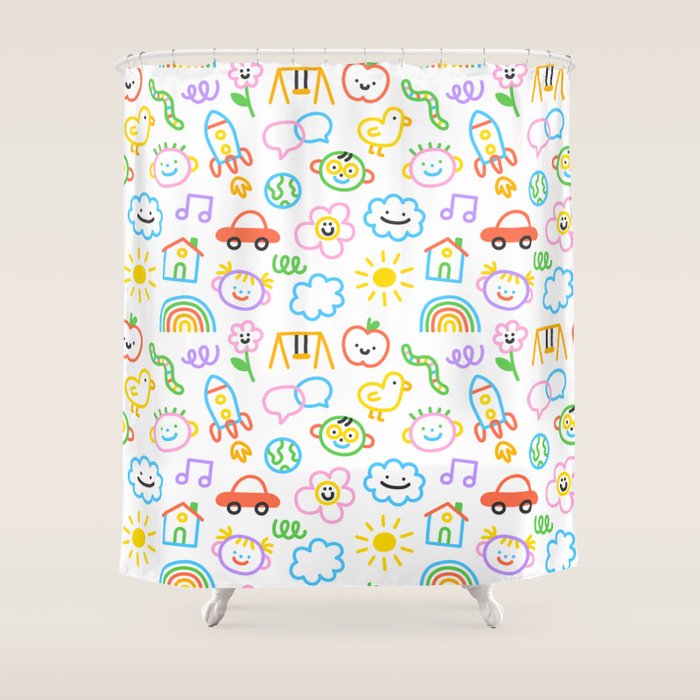 Colorful funny kid doodle art pattern Shower Curtain Gallery Image 1