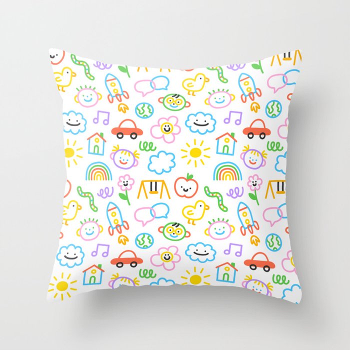Colorful funny kid doodle art pattern Throw Pillow Gallery Image 6