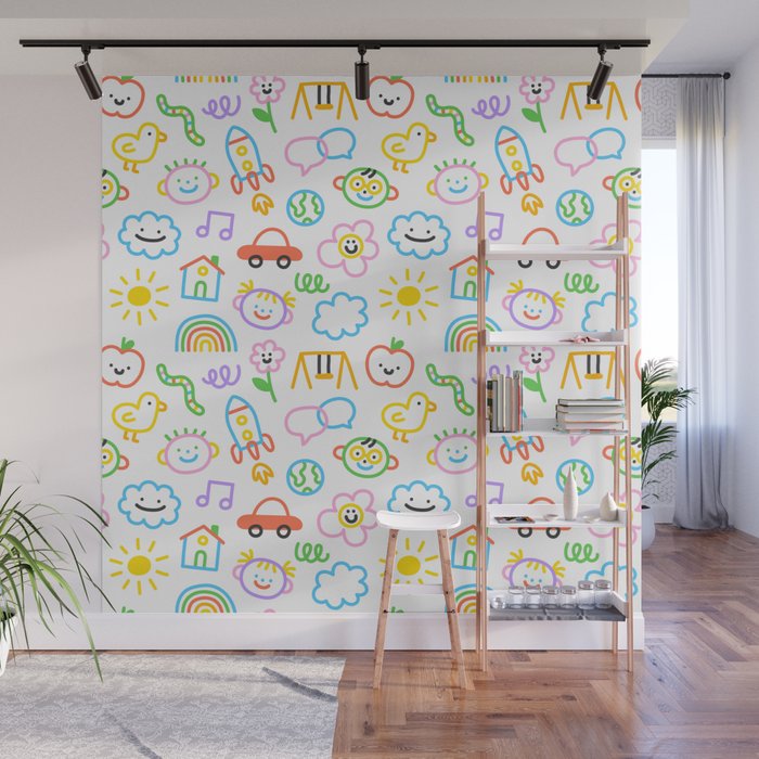 Colorful funny kid doodle art pattern Wall Mural Gallery Image 1