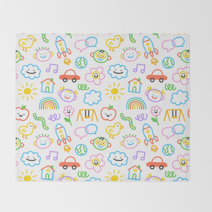 Colorful funny kid doodle art pattern Throw Blanket Gallery Image 2