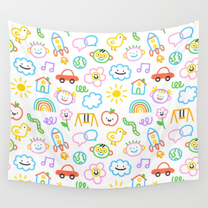 Colorful funny kid doodle art pattern Wall Tapestry Gallery Image 4