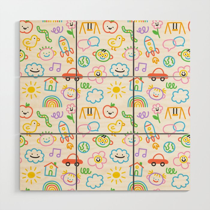 Colorful funny kid doodle art pattern Wood Wall Art Gallery Image 1