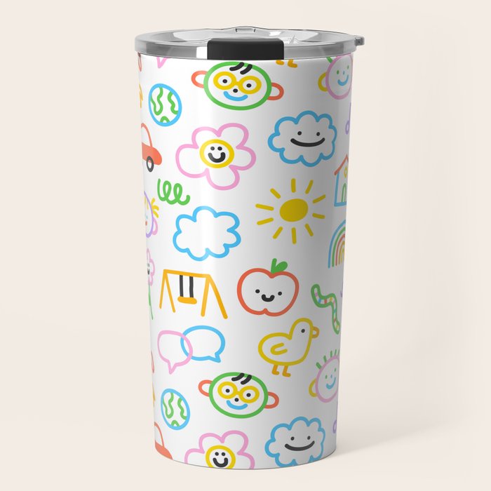 Colorful funny kid doodle art pattern Travel Mug Gallery Image 1