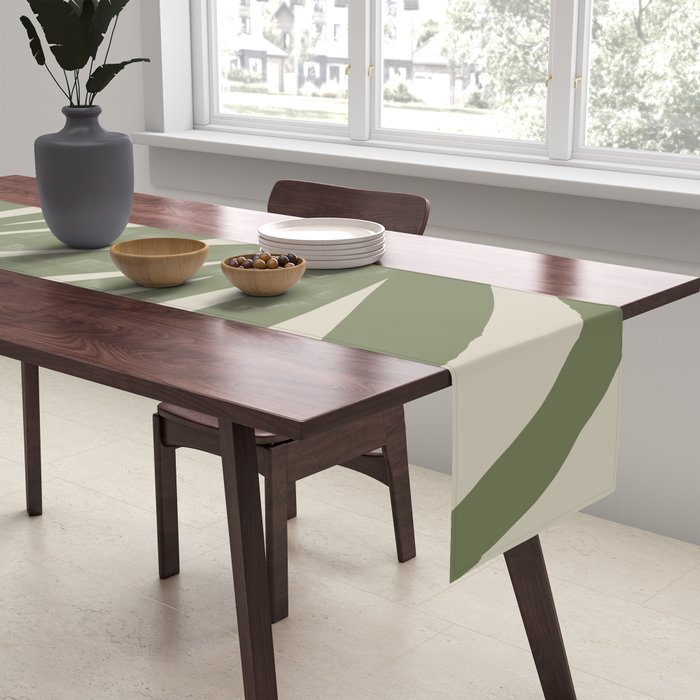 Maldives Abstract Seaweed Pattern in Vintage Olive Green and Beige Table Runner Gallery Image 2