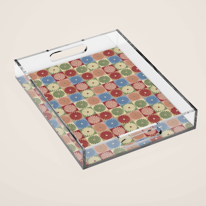 Retro Flowers Check Pattern XIX Acrylic Tray Gallery Image 1
