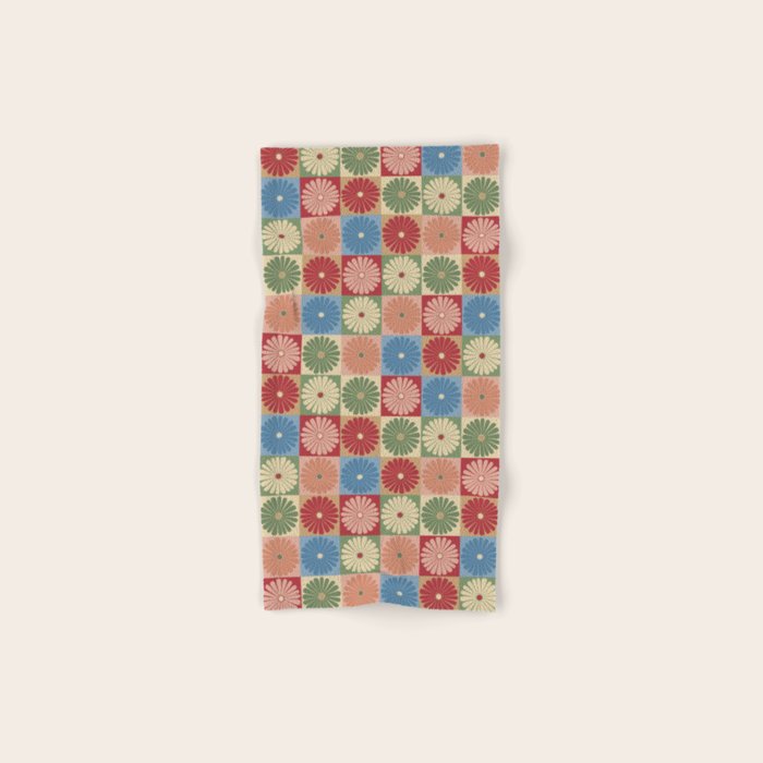 Retro Flowers Check Pattern XIX Bath Towel Gallery Image 1