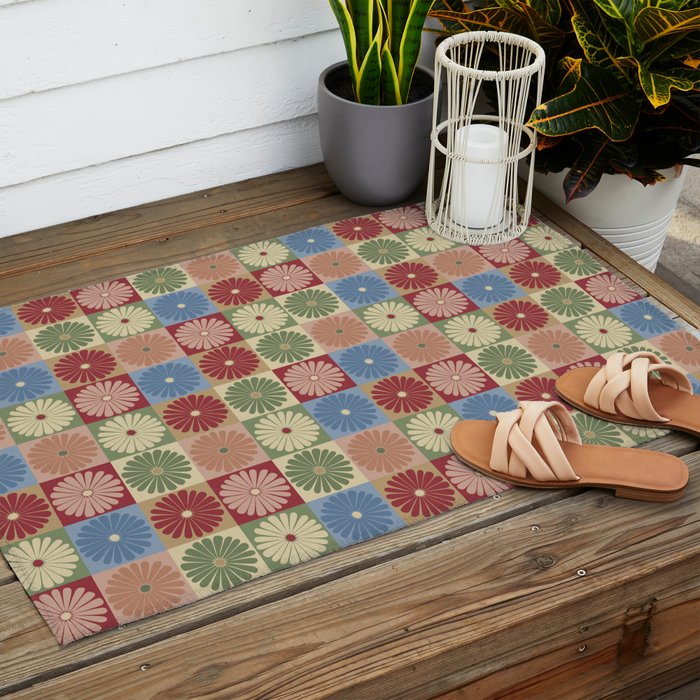 Retro Flowers Check Pattern XIX Outdoor Rug Gallery Image 2