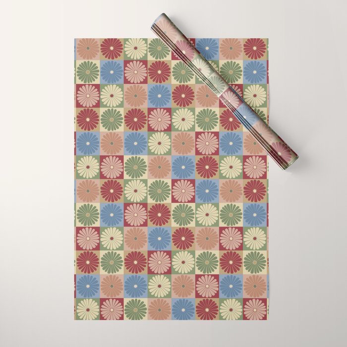 Retro Flowers Check Pattern XIX Wrapping Paper Gallery Image 1