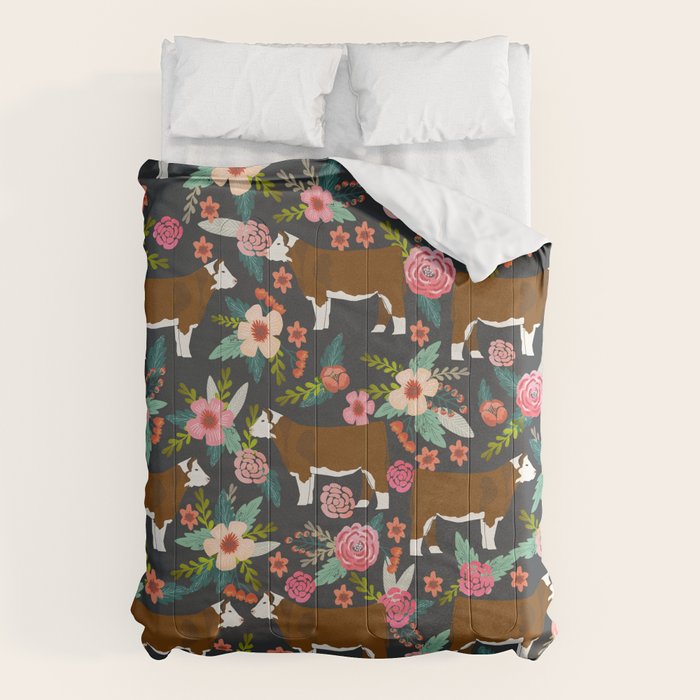 Hereford Cattle breed floral farm homestead gifts cow art florals Comforter Gallery Image 6