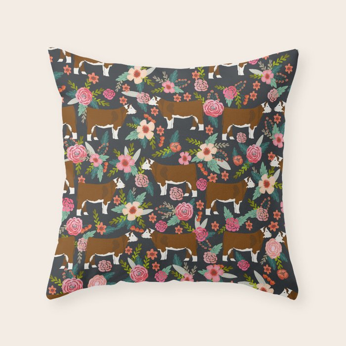 Hereford Cattle breed floral farm homestead gifts cow art florals Throw Pillow Gallery Image 6