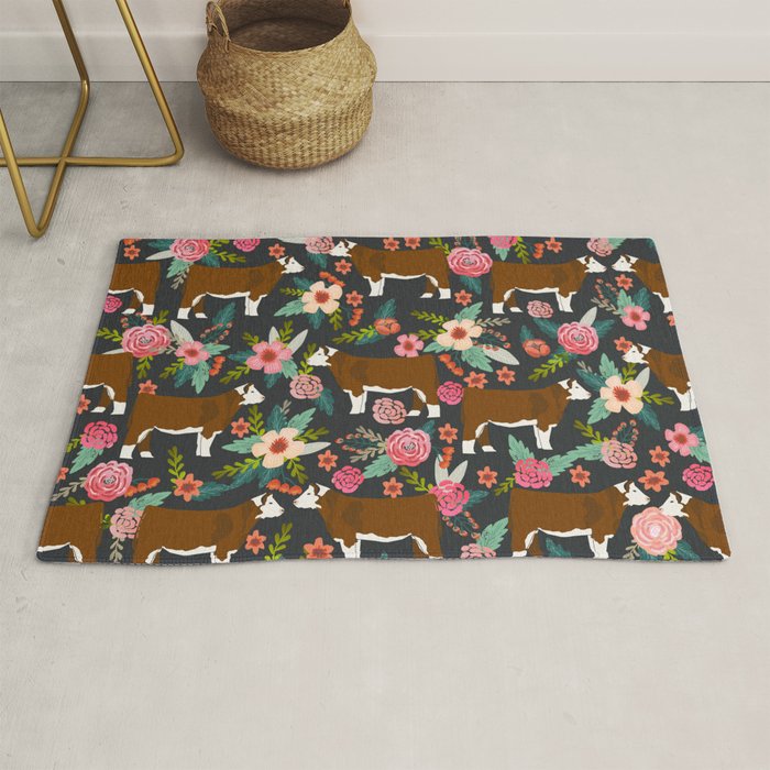 Hereford Cattle breed floral farm homestead gifts cow art florals Rug Gallery Image 1