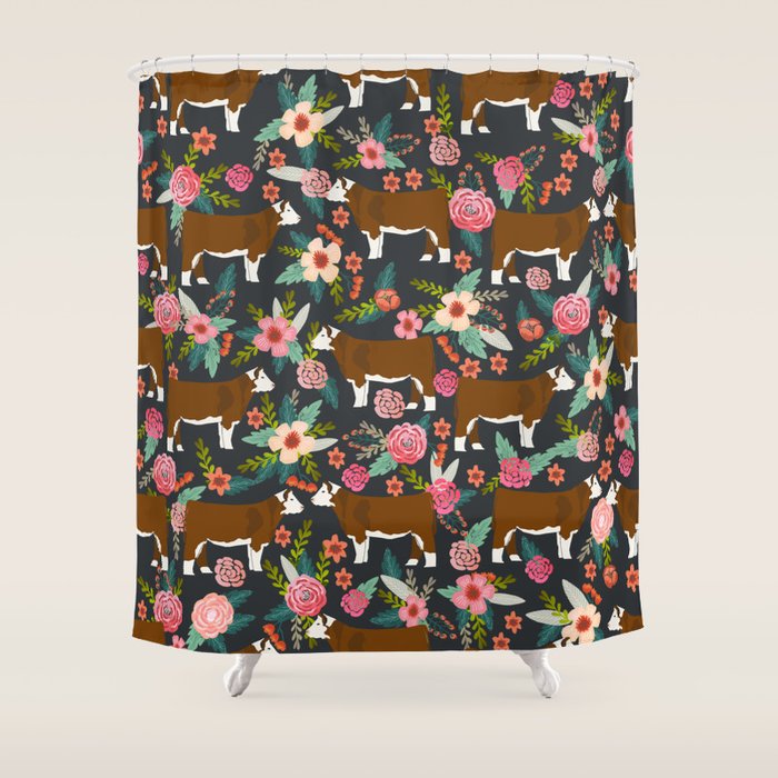 Hereford Cattle breed floral farm homestead gifts cow art florals Shower Curtain Gallery Image 1