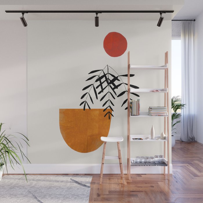 'Autumn Vine' Minimal Mid Century Abstract Shapes With Floral Plant Motif Boho Vintage Paper Collage Line Drawing Wall Mural Gallery Image 1
