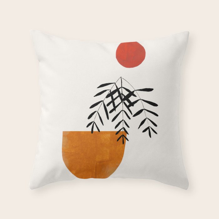'Autumn Vine' Minimal Mid Century Abstract Shapes With Floral Plant Motif Boho Vintage Paper Collage Line Drawing Throw Pillow Gallery Image 1