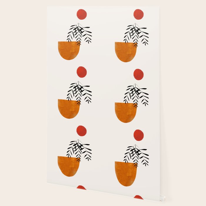 'Autumn Vine' Minimal Mid Century Abstract Shapes With Floral Plant Motif Boho Vintage Paper Collage Line Drawing Wallpaper Gallery Image 2