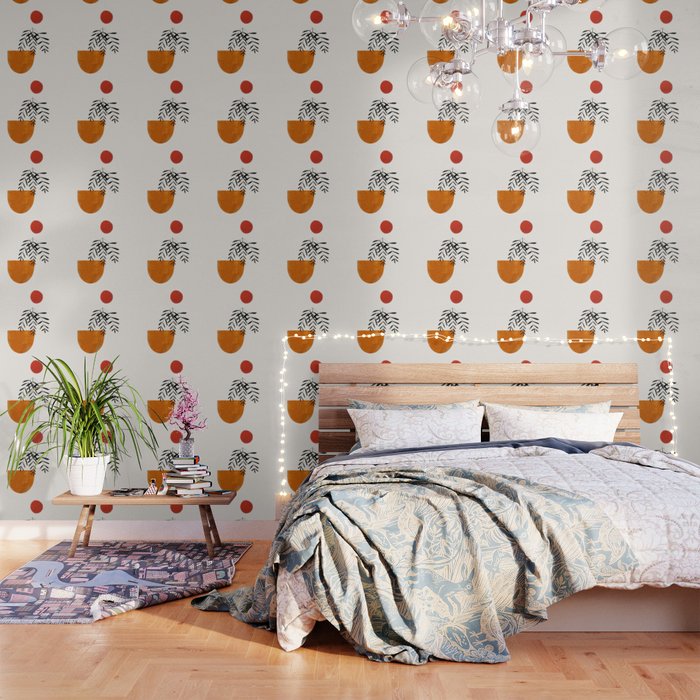 'Autumn Vine' Minimal Mid Century Abstract Shapes With Floral Plant Motif Boho Vintage Paper Collage Line Drawing Wallpaper Gallery Image 3