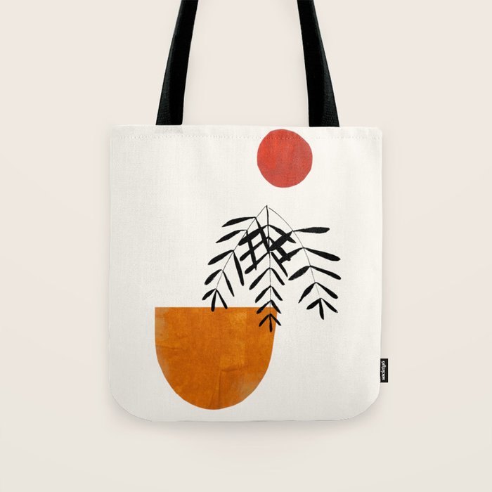 'Autumn Vine' Minimal Mid Century Abstract Shapes With Floral Plant Motif Boho Vintage Paper Collage Line Drawing Tote Bag Gallery Image 1