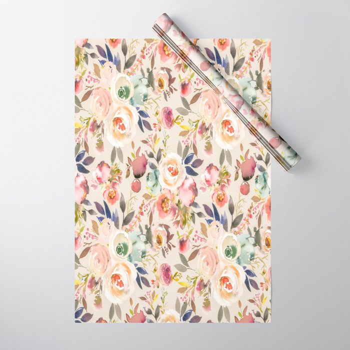 Hand painted ivory pink brown watercolor country floral Wrapping Paper Gallery Image 1