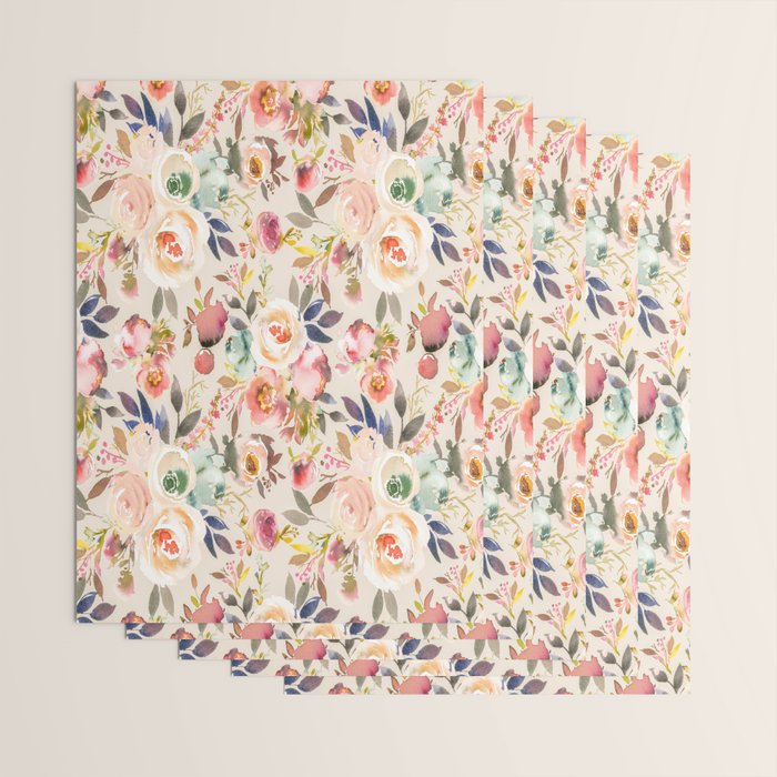 Hand painted ivory pink brown watercolor country floral Wrapping Paper Gallery Image 3