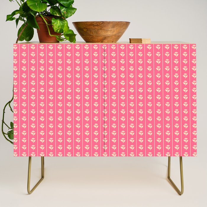 Cozy Vintage Cottage Flowers and Stripes Pattern in Pink Punch and Cream Credenza Gallery Image 1