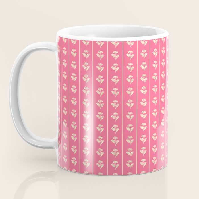 Cozy Vintage Cottage Flowers and Stripes Pattern in Pink Punch and Cream Coffee Mug Gallery Image 3