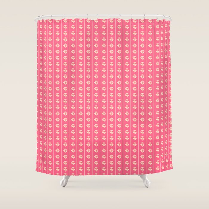 Cozy Vintage Cottage Flowers and Stripes Pattern in Pink Punch and Cream Shower Curtain Gallery Image 1