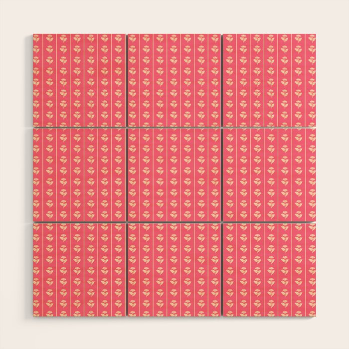 Cozy Vintage Cottage Flowers and Stripes Pattern in Pink Punch and Cream Wood Wall Art Gallery Image 1