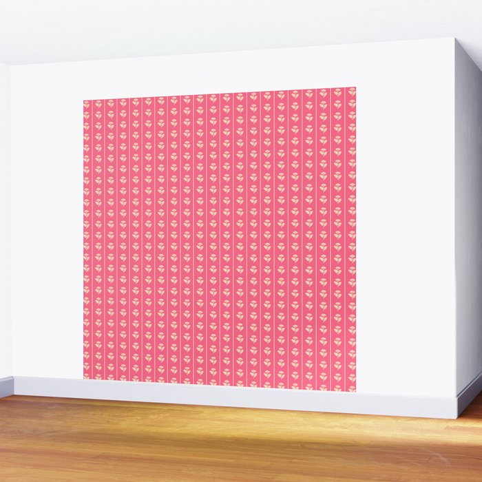 Cozy Vintage Cottage Flowers and Stripes Pattern in Pink Punch and Cream Wall Mural Gallery Image 2