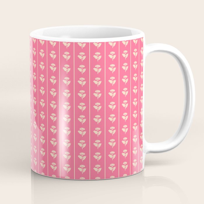 Cozy Vintage Cottage Flowers and Stripes Pattern in Pink Punch and Cream Coffee Mug Gallery Image 1