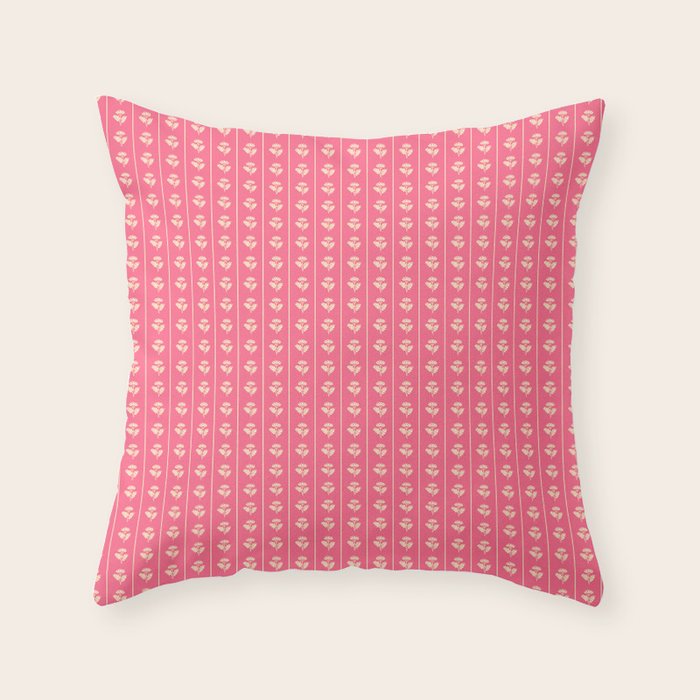Cozy Vintage Cottage Flowers and Stripes Pattern in Pink Punch and Cream Throw Pillow Gallery Image 6
