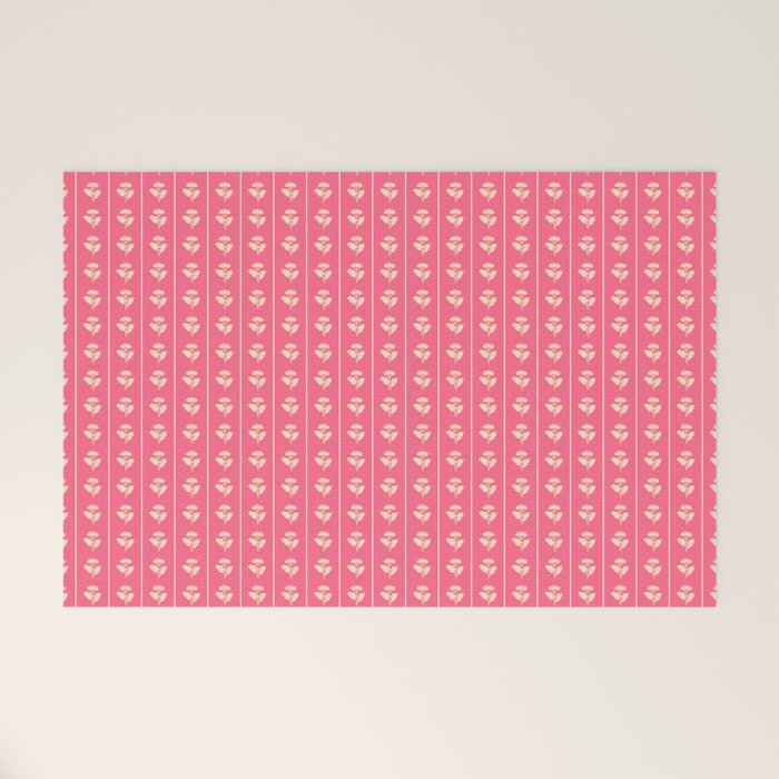 Cozy Vintage Cottage Flowers and Stripes Pattern in Pink Punch and Cream Welcome Mat Gallery Image 1