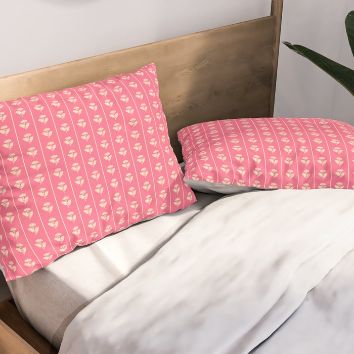 Cozy Vintage Cottage Flowers and Stripes Pattern in Pink Punch and Cream Pillow Sham Gallery Image 2