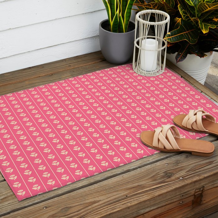 Cozy Vintage Cottage Flowers and Stripes Pattern in Pink Punch and Cream Outdoor Rug Gallery Image 2