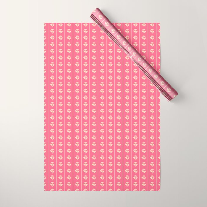 Cozy Vintage Cottage Flowers and Stripes Pattern in Pink Punch and Cream Wrapping Paper Gallery Image 1