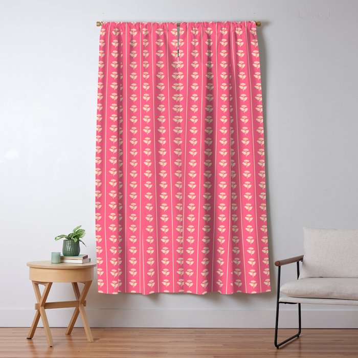 Cozy Vintage Cottage Flowers and Stripes Pattern in Pink Punch and Cream Window Curtain Gallery Image 1