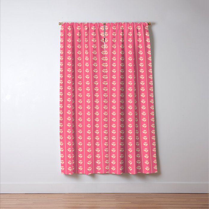 Cozy Vintage Cottage Flowers and Stripes Pattern in Pink Punch and Cream Window Curtain Gallery Image 3