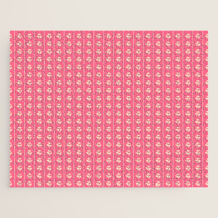 Cozy Vintage Cottage Flowers and Stripes Pattern in Pink Punch and Cream Jigsaw Puzzle Gallery Image 1